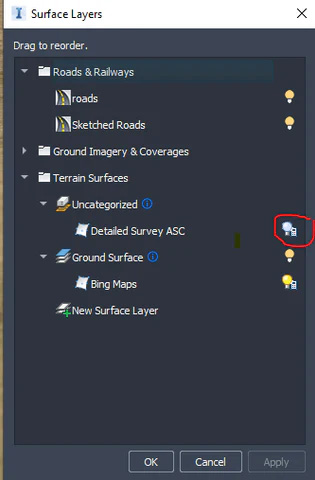 surface layer dialog box showing selectable options