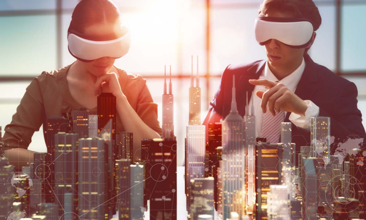 Bildet viser VR-teknologi og bygg