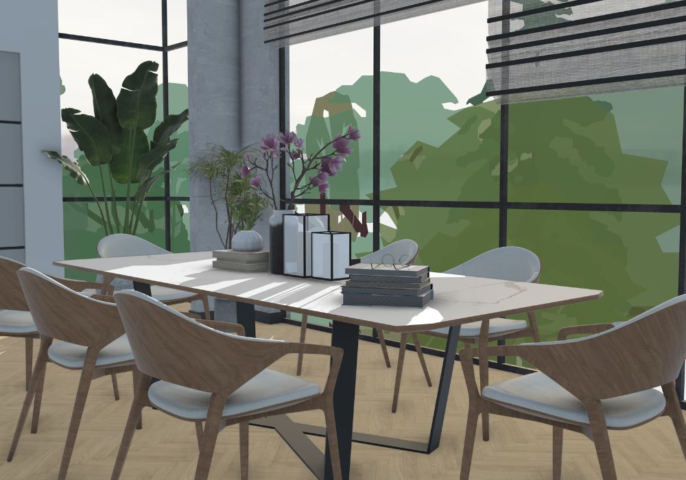 Modern dining area with wooden furniture, plants and large windows overlooking greenery