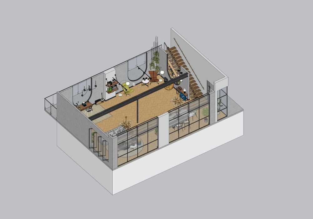 Interior building model shown in perspective with room layout, furniture, and floor connection.