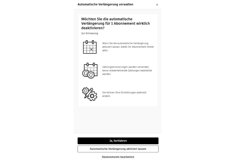 Bestätigung der Deaktivierung von Auto-Renew on.