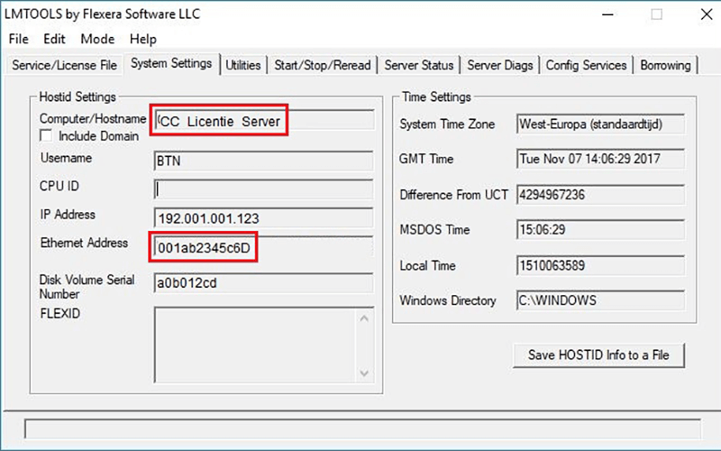 De benodigde gegevens van de server vind je in de LMTools Utility onder het tabblad System Settings