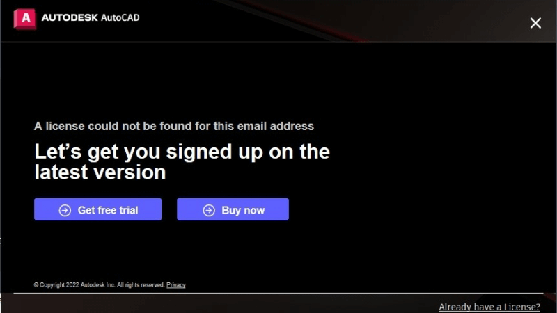 A license could no be found for this email address